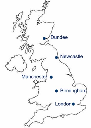 Map of the UK highlighting locations of ADMISSION collaborators